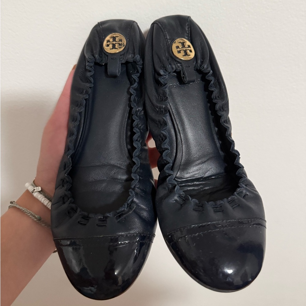 Tory Burch Black Flats with Patent Leather Cap Toe